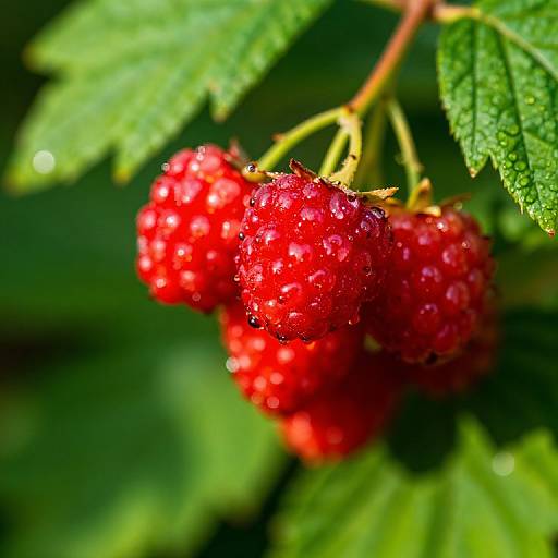 Close-up photograph of vibrant red, dew-covered raspberries with small droplets, surrounded by green, textured leaves, against a blurred dark green background.