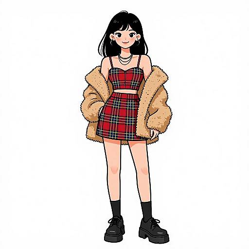 Digital illustration of a young woman with black hair, wearing a red plaid dress, furry beige jacket, black socks, and black platform shoes, standing