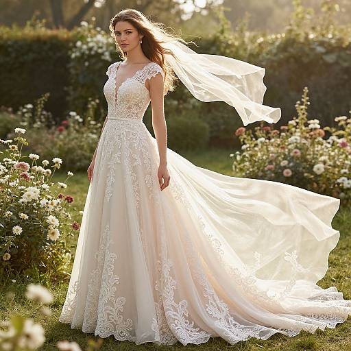 Photograph of a slender, fair-skinned woman with long brown hair in a white lace wedding gown with a flowing veil, standing in a sunlit