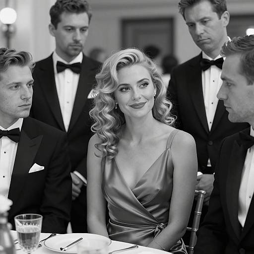 Elegant Dinner Party in Tuxedos and Satin Dress