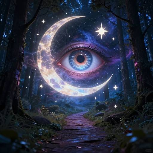Digital artwork: A glowing blue eye with intricate details is centered behind a luminous crescent moon and star, set in a dark, mystical forest with