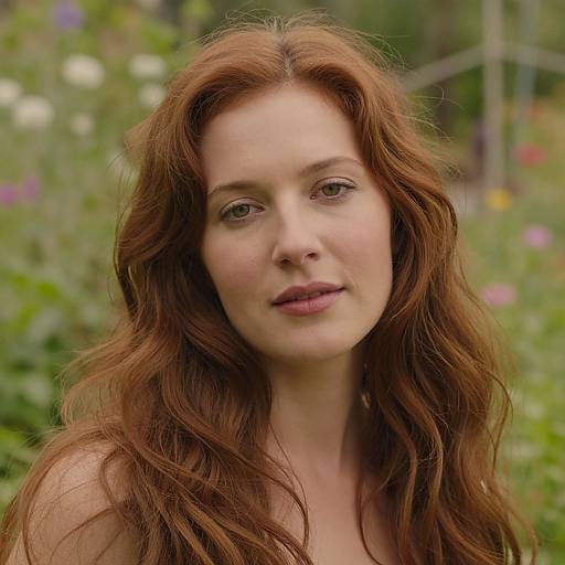Photograph of a fair-skinned woman with long, wavy red hair, light green eyes, and natural makeup, standing in a lush, colorful