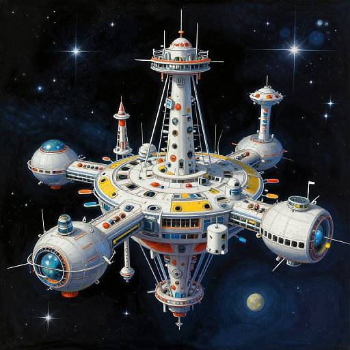 Colorful, detailed space station with multiple connected modules, domes, and antennas in a starry, dark space background, featuring a distant planet.
