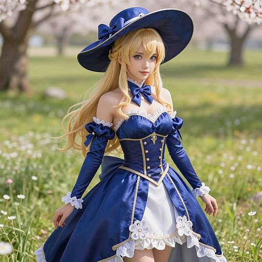Digital anime-style illustration of a blonde woman in a blue witch outfit with a wide hat, lace trim, and gold buttons, standing in a sunny,
