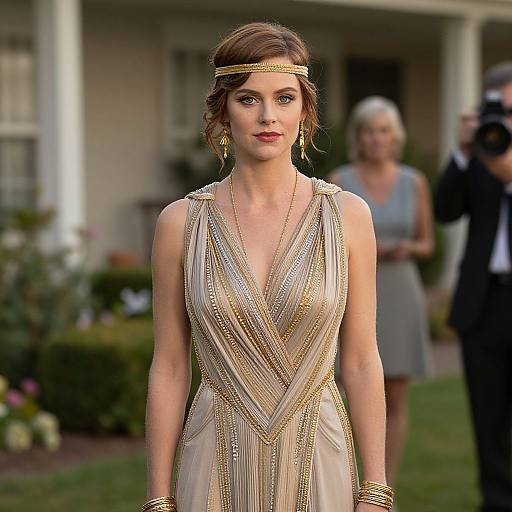 Photograph of a beautiful brunette woman in a gold and cream Art Deco-style dress with a deep V-neck, standing outdoors, with blurred background and