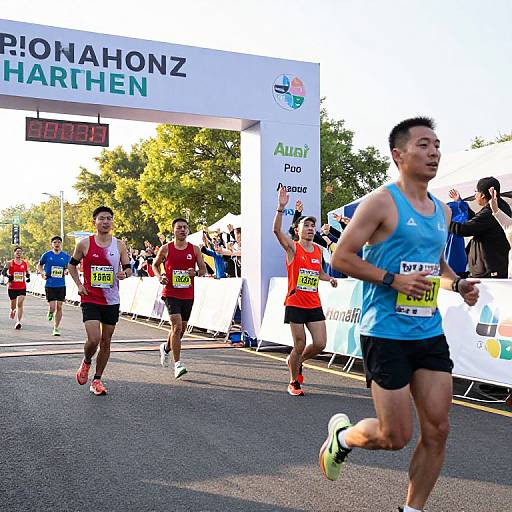 Photograph of diverse male runners in bright athletic wear crossing a white finish arch with 