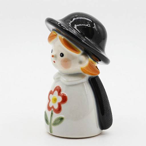 Photograph of a small ceramic figurine: white-faced child with orange hair, black hat, and black cloak, wearing a red flower on a white