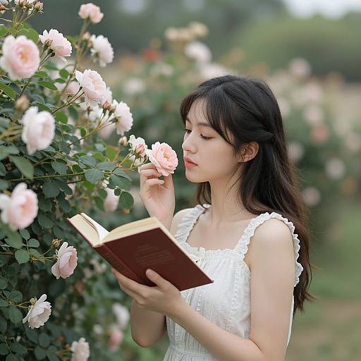 Photograph of an Asian woman with long black hair, wearing a white lace dress, reading a book among pink roses.