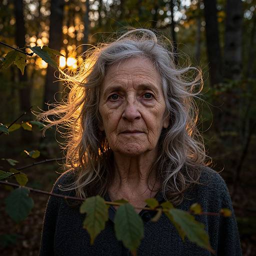 Photograph of an elderly woman with long, silver-gray hair, wearing a dark sweater, standing in a forest at sunset, with warm light illuminating