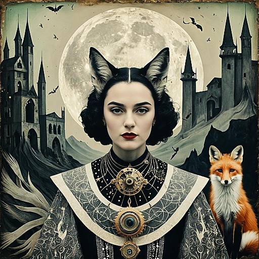 Ethereal Seer with Fox in Surreal Gothic Landscape