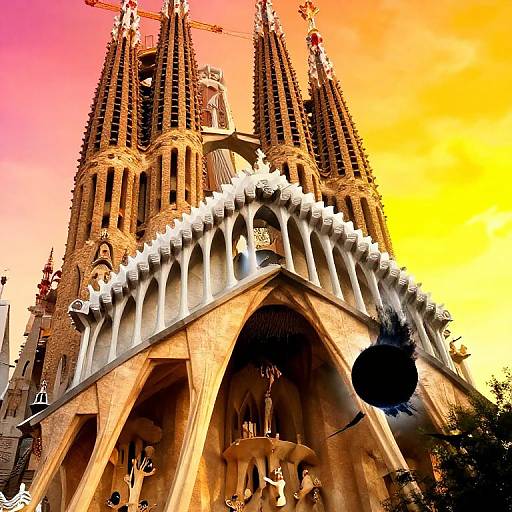 Photograph of Antoni Gaudí's Sagrada Família, Barcelona, with vibrant sunset sky. Gothic spires, ornate arches,
