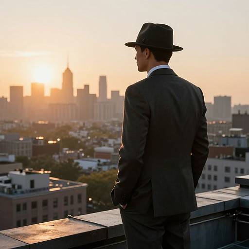 Photograph of a man in a black suit and fedora, standing on a rooftop, facing a sunset over a city skyline.