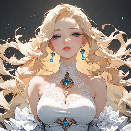 Anime Blonde Woman in Elegant White Dress