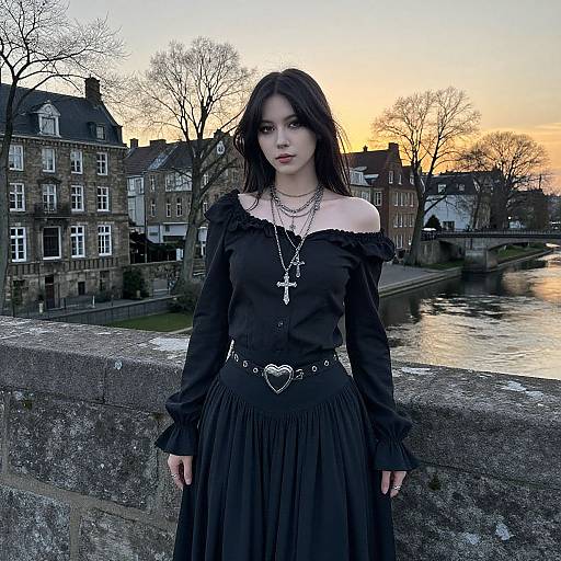 Photograph of a pale-skinned, dark-haired woman in an off-shoulder black dress with heart-belt, cross necklace, standing by a