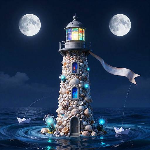 Bioluminescent Seashell Lighthouse Under Twin Moons
