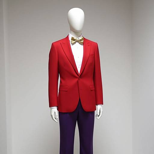 Photograph of a white mannequin wearing a red blazer, white dress shirt, gold bow tie, and black trousers, centered against a plain