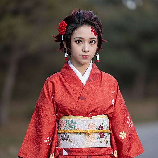 Photograph of a young Asian woman in a red floral kimono with white obi, red hairpin, and flower, standing outdoors.