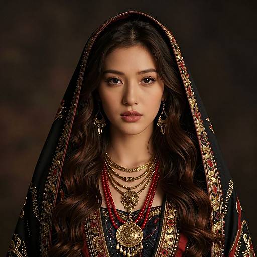 Photograph of a beautiful South Asian woman with long brown hair, wearing a black embroidered veil, gold jewelry, and red bead necklaces, against a
