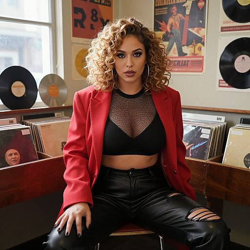 Photograph of a curly-haired woman with light brown skin, wearing a red blazer, black mesh top, and ripped black jeans, sitting in a