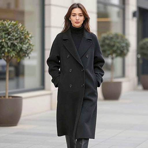 Elegant Woman in Black Wool Coat Outdoors