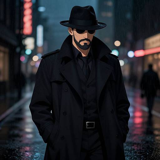 Mysterious man in black coat, fedora, and sunglasses walks down a rain-soaked, neon-lit urban street at night. Digital art.