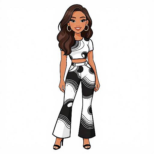 Digital illustration of a smiling woman with long brown hair, wearing a white crop top, black and white patterned high-waisted pants, large hoop