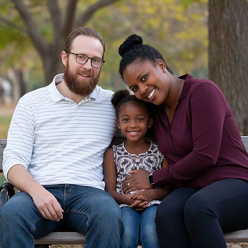 Photograph of a smiling Black family with a bearded white father in a white striped shirt, a dark-haired mother in a maroon blouse, and