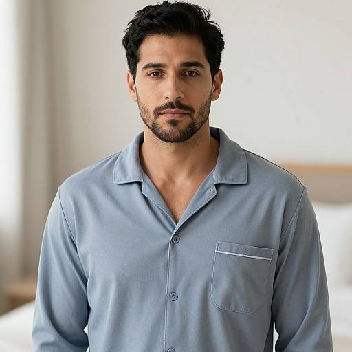 Photograph of a handsome, bearded man with dark hair, wearing a light blue, button-up shirt, standing indoors with a neutral background.