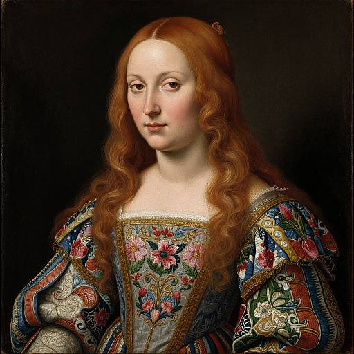 Renaissance portrait of a pale-skinned, red-haired woman with long wavy hair, wearing an ornately embroidered, colorful gown against a dark