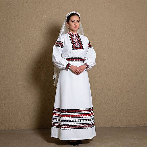 Photograph of a woman in traditional white embroidered dress with red and black geometric patterns, standing against a beige textured wall. She wears a white lace veil
