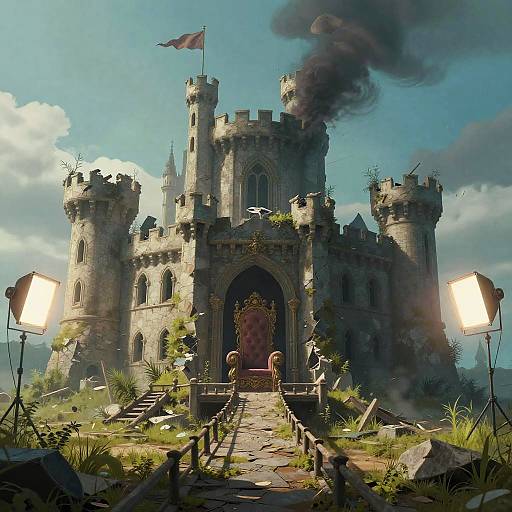 Photorealistic digital art of a crumbling medieval castle with smoke rising, overgrown with grass, illuminated by bright studio lights.