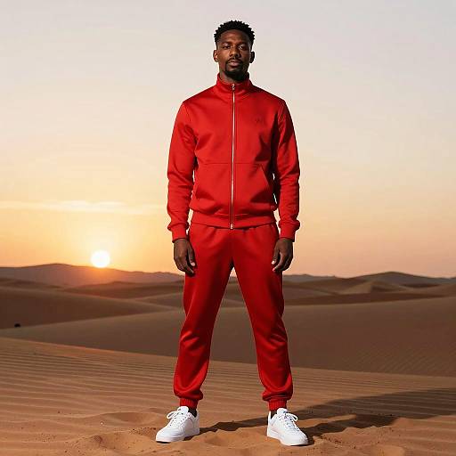Man in Red Tracksuit Standing in Desert at Sunset