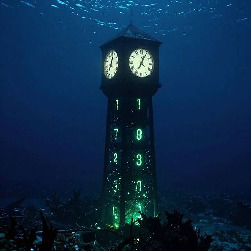 Photograph of a glowing clock tower at night, with bright white clock faces and illuminated green numbers against a deep blue, star-filled sky.