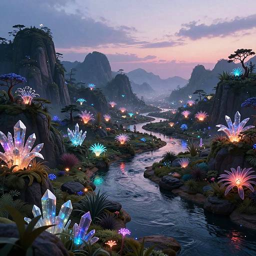 Digital fantasy landscape at twilight: luminous, colorful crystal flowers line a winding river, surrounded by dark, rocky cliffs and a pink-purple sky.