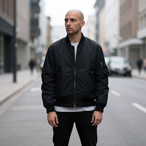 Photograph of a bald, light-skinned man in a black jacket and black pants, standing on a blurred urban street. Overcast sky, modern