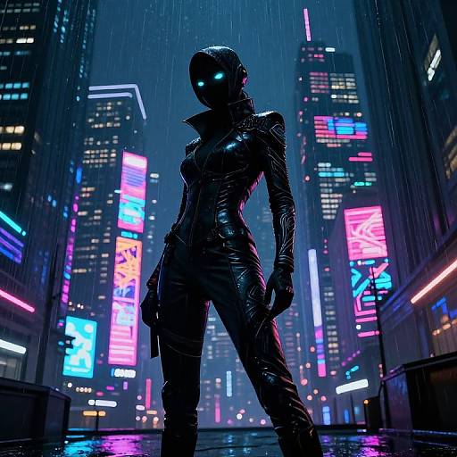 Cyberpunk silhouetted woman in wet, black leather suit stands in rain-soaked, neon-lit cityscape with towering skyscrapers