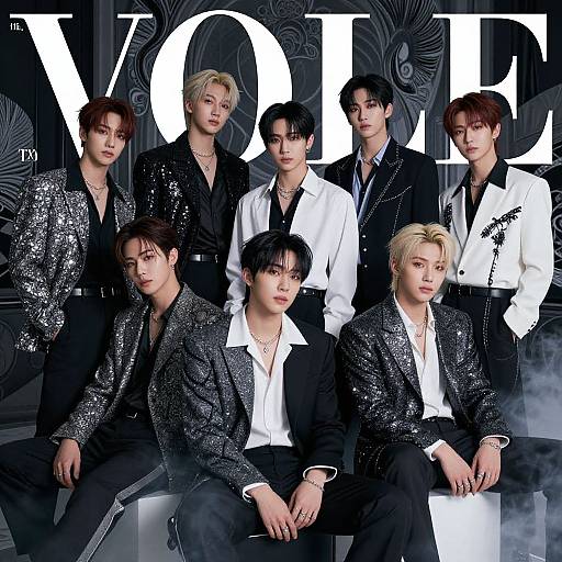 Photograph of eight Asian men in black and white suits with sequins, standing and sitting, against a patterned black background with large white 