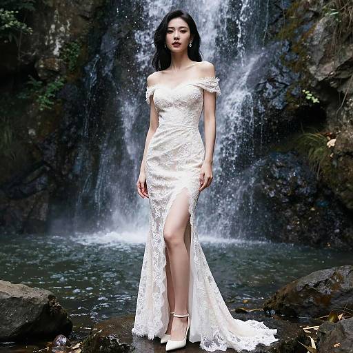 Photograph of a beautiful Asian woman with long black hair, wearing an off-shoulder, white lace dress with a high slit, standing in front