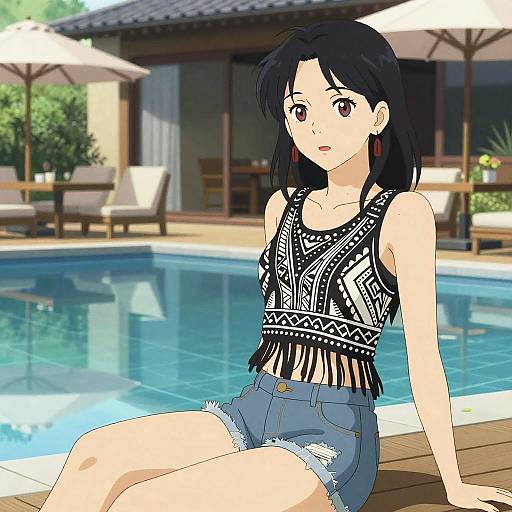 Anime-style digital drawing of a black-haired woman with red earrings, wearing a black patterned crop top and frayed denim shorts, sitting by a sunny