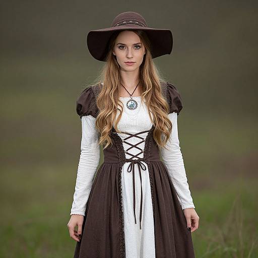 Photograph of a young woman with long blonde hair, wearing a black witch hat, white long-sleeve shirt, black corseted dress,