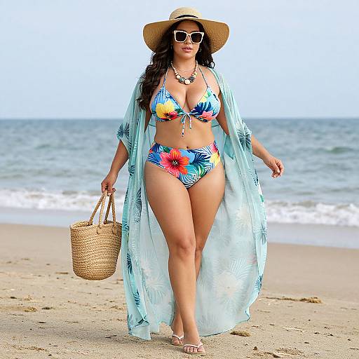 Photograph of a curvy woman with long dark hair, wearing a colorful floral bikini, light blue sheer robe, straw hat, sunglasses, and carrying