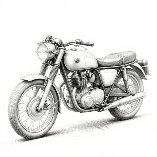Monochrome digital drawing of a vintage-style motorcycle with detailed textures, showcasing classic design elements like round headlight, spoked wheels, and chrome engine.