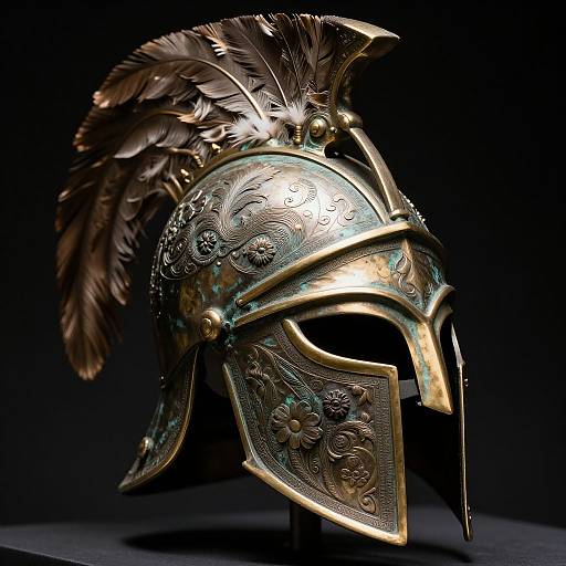 Photograph of an ornate ancient Roman gladiator helmet with detailed floral engravings, golden accents, and a large, dark feather crest, set