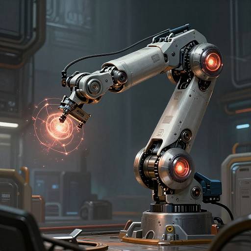 Digital CGI of a futuristic robotic arm emitting a bright orange glow, with detailed metallic textures, in a dimly lit industrial laboratory.