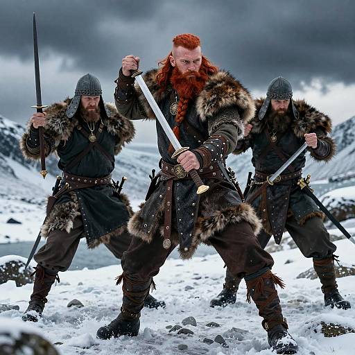 Photograph of three fierce, red-bearded Viking warriors with fur-trimmed coats, helmets, and swords, standing in a snowy, stormy