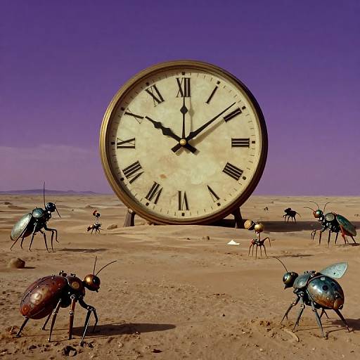Photograph of a giant, antique-style clock with Roman numerals, standing in a desolate desert, surrounded by large, detailed metal insect sculptures.