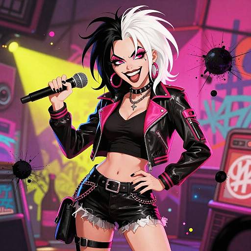 Digital anime-style artwork of a punk-rock female singer with black-and-white spiky hair, black crop top, leather jacket, and frayed shorts,