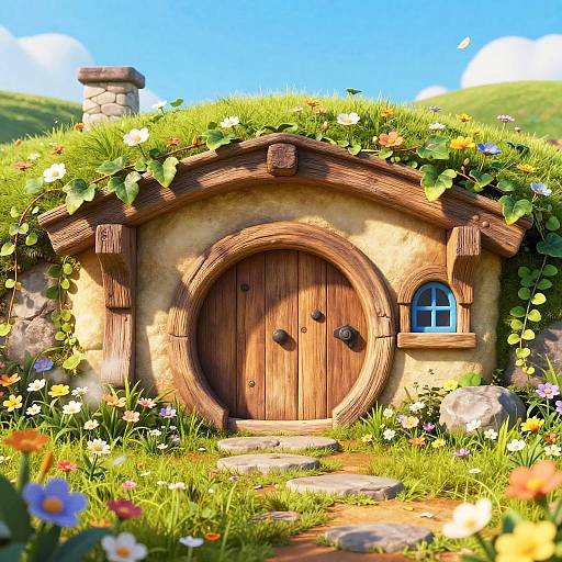 Photograph of a whimsical, hobbit-style house with a round wooden door, stone chimney, small arched window, and lush green roof covered