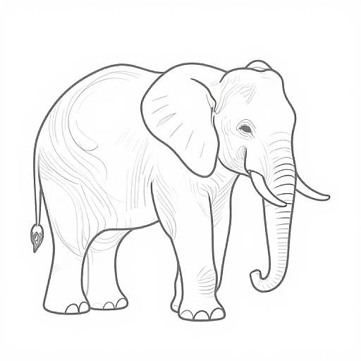 Black-and-white line drawing of a cute, small Asian elephant with thick, textured skin, large ears, and a curled trunk.