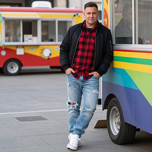 Photograph of a casually dressed, handsome man with short dark hair, wearing a black jacket, red plaid shirt, ripped jeans, and white sneakers